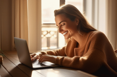 Frau, die am Laptop sitzt, gemütliche Atmosphäre