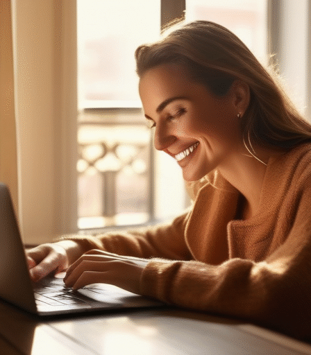 Frau, die am Laptop sitzt, gemütliche Atmosphäre