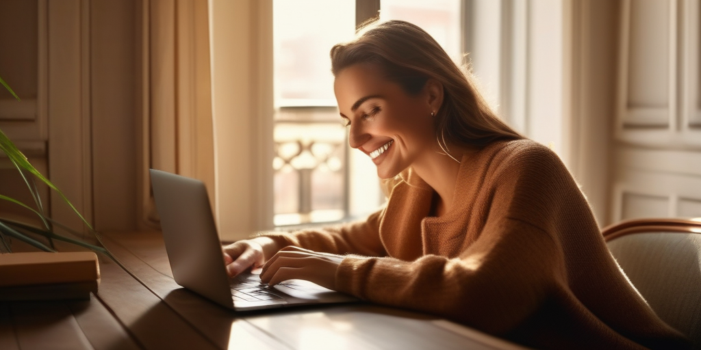 Frau, die am Laptop sitzt, gemütliche Atmosphäre