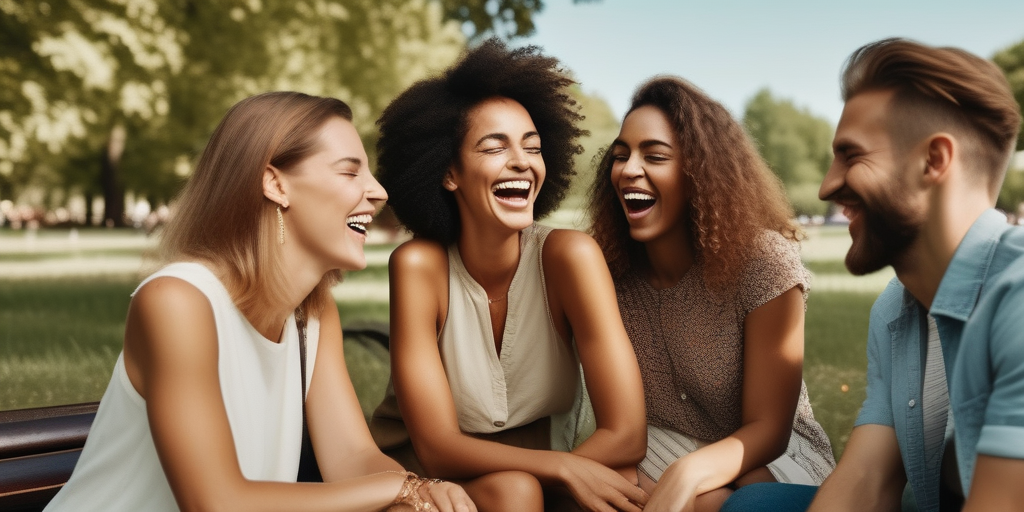 Verschiedene Menschen lachen und unterhalten sich im Park
