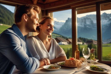 Ein Paar genießt ein romantisches Abendessen mit Blick auf die Berge in Liechtenstein.