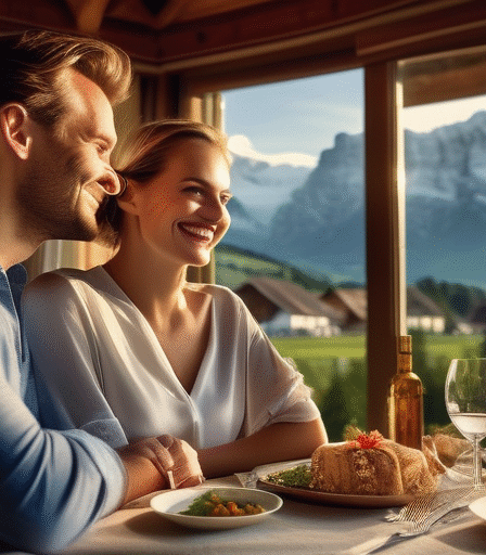 Ein Paar genießt ein romantisches Abendessen mit Blick auf die Berge in Liechtenstein.
