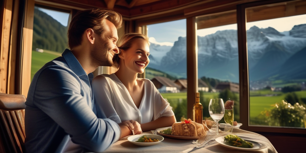 Ein Paar genießt ein romantisches Abendessen mit Blick auf die Berge in Liechtenstein.