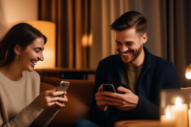 Ein junges Paar lacht, während es auf seinen Handys eine Dating-App benutzt.