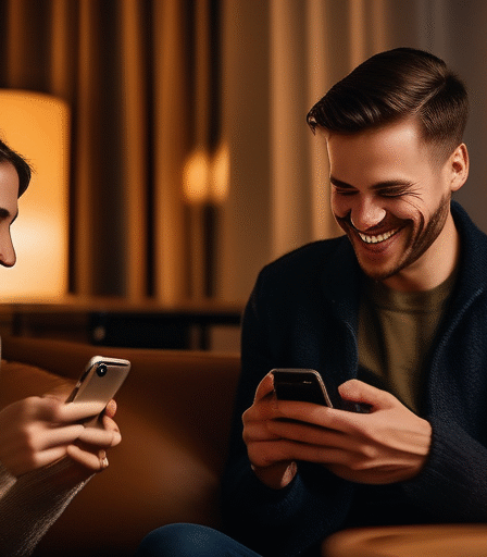 Ein junges Paar lacht, während es auf seinen Handys eine Dating-App benutzt.