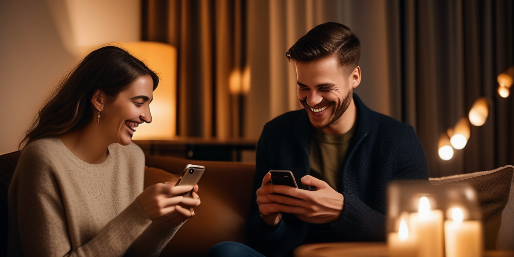 Ein junges Paar lacht, während es auf seinen Handys eine Dating-App benutzt.
