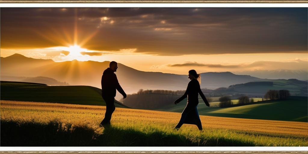 Silhouetten eines Paares, das Hand in Hand über die malerische Landschaft Liechtensteins spaziert.