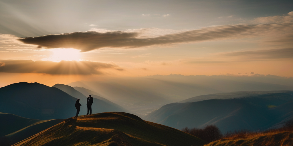 Silhouetten eines Paares steht auf einem Berggipfel in Liechtenstein bei Sonnenuntergang.