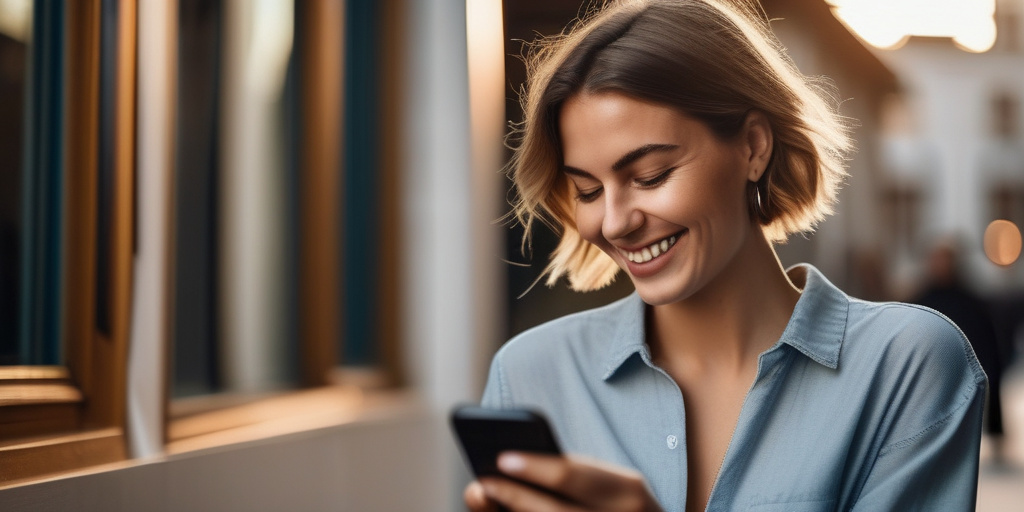 Eine junge Frau lächelt selbstbewusst, während sie ihr Handy anschaut.