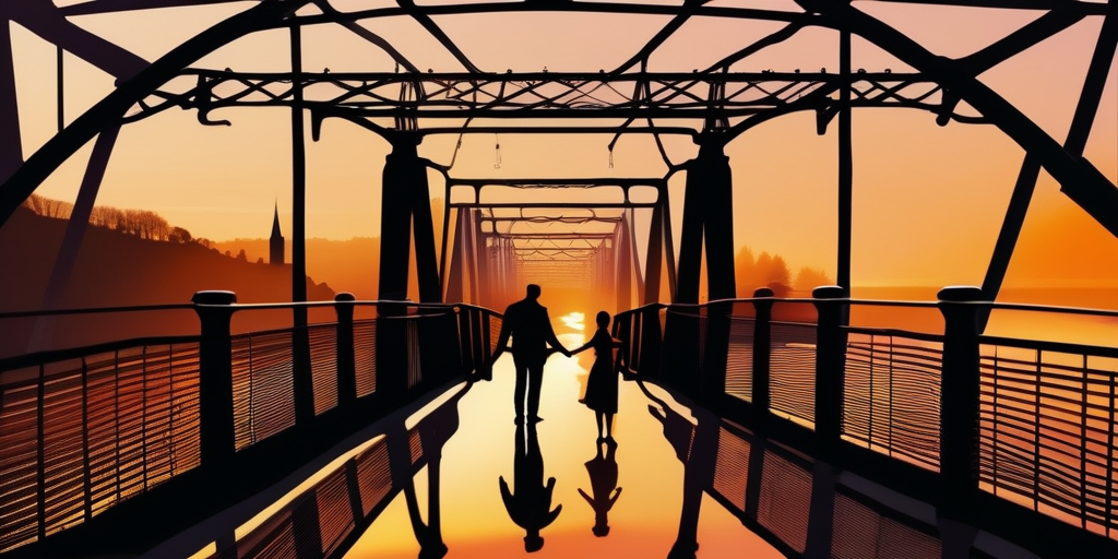 Silhouetten eines Paares auf einer Brücke über den Alzette Fluss bei Sonnenuntergang.
