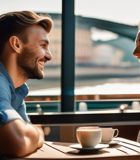 Ein junges Paar in einem Café in Luxemburg-Stadt, mit Blick auf die Alzette.