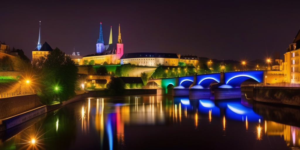 Luxemburg-Stadt Skyline bei Nacht, mit bunten Lichtern.