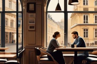 Ein ruhiges Café in Luxemburg-Stadt, sanfte Beleuchtung, ein Paar sitzt an einem Tisch, eine Person wirkt nachdenklich und introvertiert.