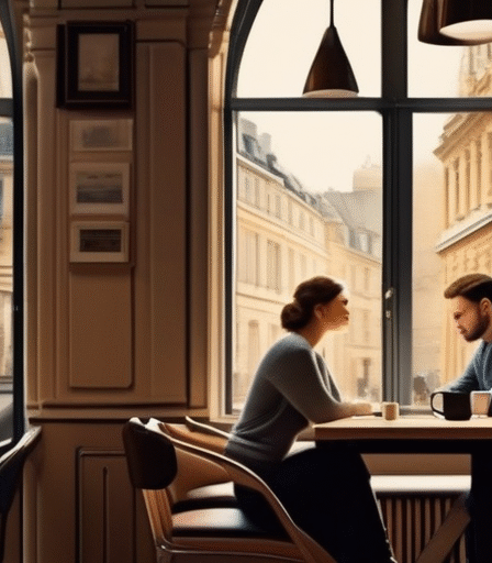 Ein ruhiges Café in Luxemburg-Stadt, sanfte Beleuchtung, ein Paar sitzt an einem Tisch, eine Person wirkt nachdenklich und introvertiert.