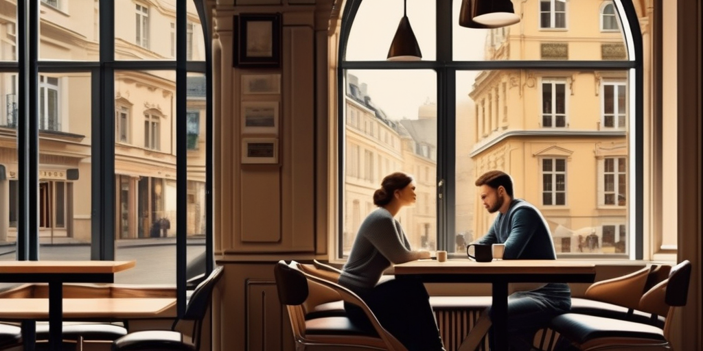 Ein ruhiges Café in Luxemburg-Stadt, sanfte Beleuchtung, ein Paar sitzt an einem Tisch, eine Person wirkt nachdenklich und introvertiert.