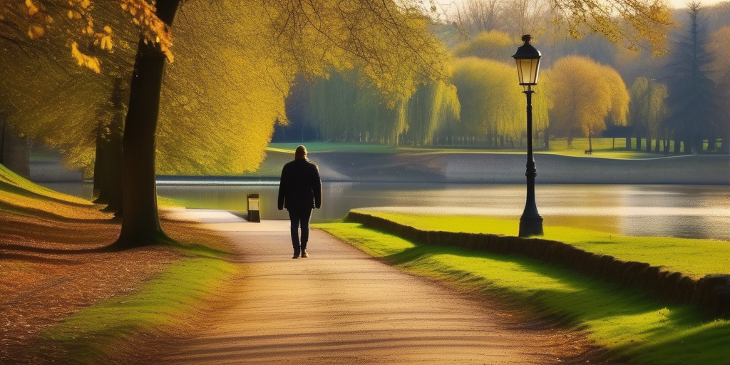Eine Person geht allein in einem wunderschönen Park in Luxemburg, genießt die Natur und reflektiert über das Leben.