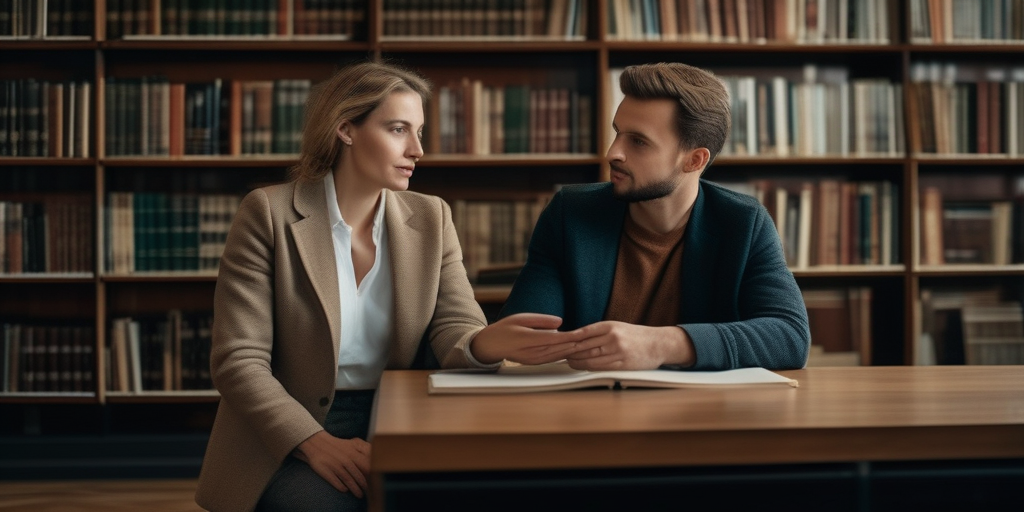 Zwei Personen führen ein aufrichtiges Gespräch in einer Bibliothek in Luxemburg. Warme und einladende Atmosphäre, Fokus auf Augenkontakt.