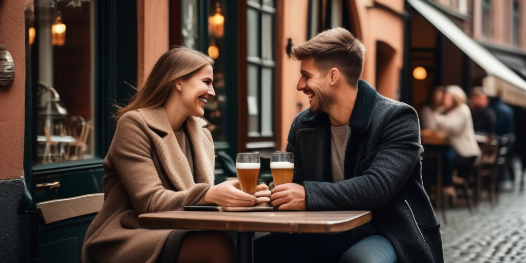 Gemütliches Café in Brügge, Belgien mit einem jungen Paar.