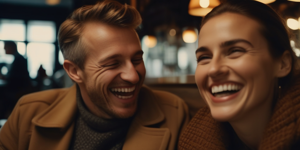 Zwei Personen lachen sich auf einem Café in Brüssel an
