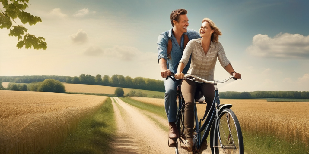 Ein Paar fährt Fahrrad durch die belgische Landschaft