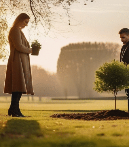 Ein Paar pflanzt gemeinsam einen kleinen Baum in einem belgischen Park, als Symbol für das Wachstum einer Beziehung.