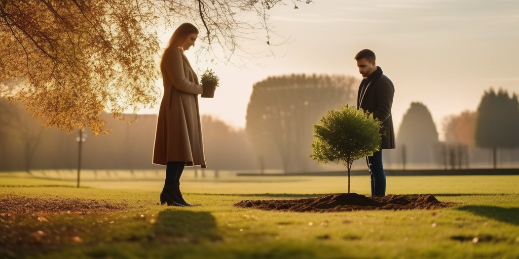 Ein Paar pflanzt gemeinsam einen kleinen Baum in einem belgischen Park, als Symbol für das Wachstum einer Beziehung.