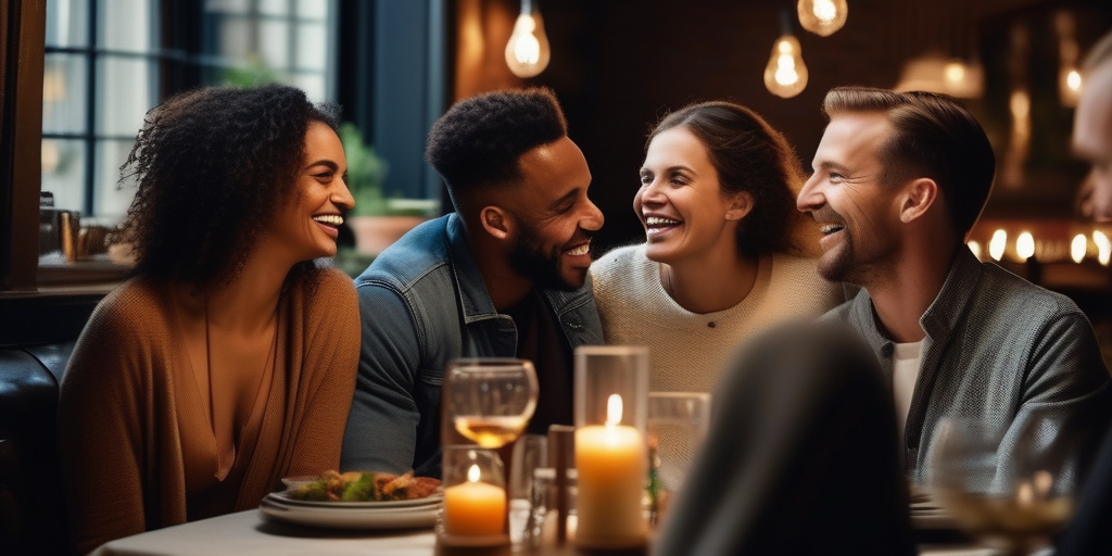 Eine vielfältige Gruppe von Menschen lacht und genießt ein Abendessen in einem gemütlichen belgischen Restaurant.