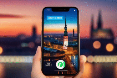 Hamburger Skyline bei Sonnenuntergang mit Smartphone und Dating-App