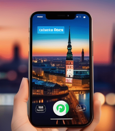 Hamburger Skyline bei Sonnenuntergang mit Smartphone und Dating-App