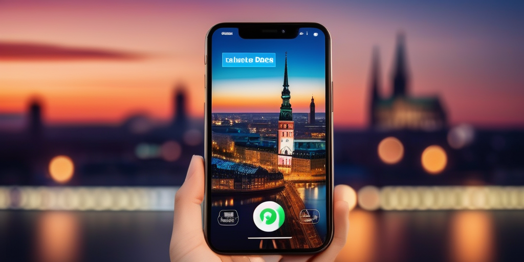 Hamburger Skyline bei Sonnenuntergang mit Smartphone und Dating-App