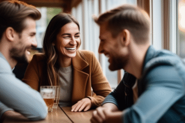 Verschiedene Menschen unterhalten sich in einem gemütlichen Café in Hamburg.