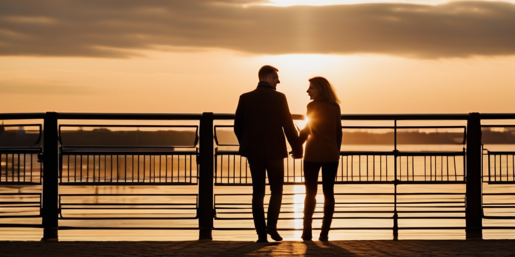 Ein Paar spaziert Hand in Hand entlang der Elbe in Hamburg, goldene Stunde.