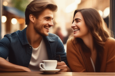 Ein junges Paar, das in einem Café sitzt und lacht.