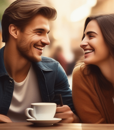 Ein junges Paar, das in einem Café sitzt und lacht.