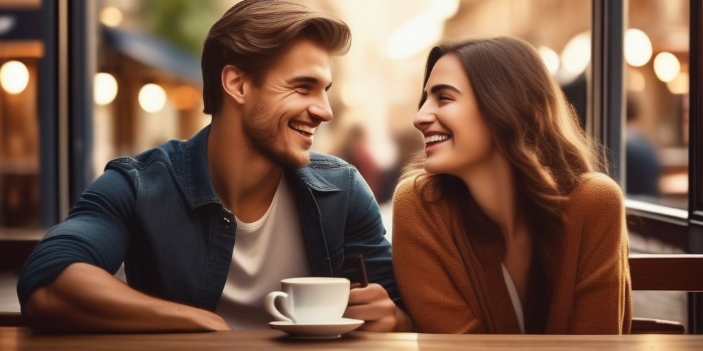 Ein junges Paar, das in einem Café sitzt und lacht.