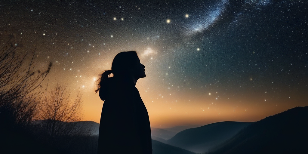 Eine Person, die zum Sternenhimmel blickt und die Hoffnung auf Liebe symbolisiert.