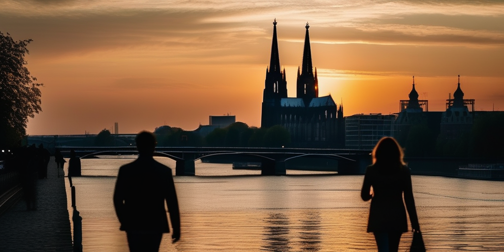 Ein Paar spaziert Hand in Hand am Rhein in Köln bei Sonnenuntergang.