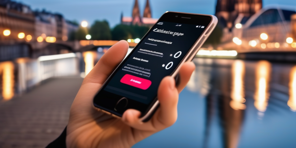Ein Smartphone mit einer Dating-App, im Hintergrund der Kölner Dom.
