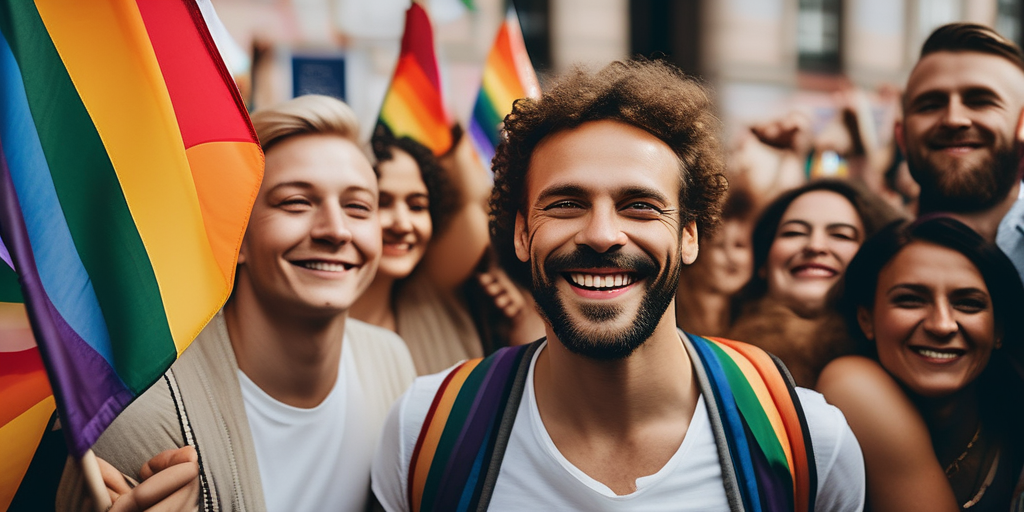 Eine Gruppe von LGBTQ+-Personen bei einem Pride-Event in Köln.