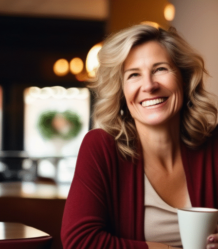 Eine lächelnde Frau in ihren 40ern genießt einen Kaffee in einem gemütlichen Café in Köln.
