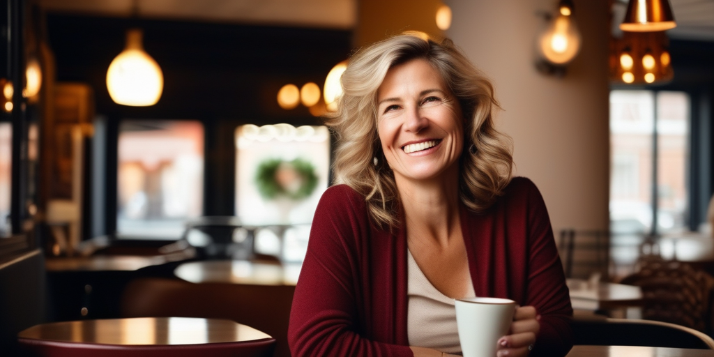 Eine lächelnde Frau in ihren 40ern genießt einen Kaffee in einem gemütlichen Café in Köln.