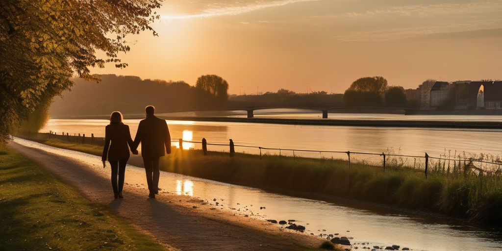 Ein Paar in ihren 40ern spazieren Hand in Hand entlang des Rheins bei Sonnenuntergang.