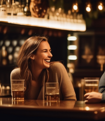 Eine Gruppe junger Menschen lacht und unterhält sich in einer Bar in Frankfurt am Main.