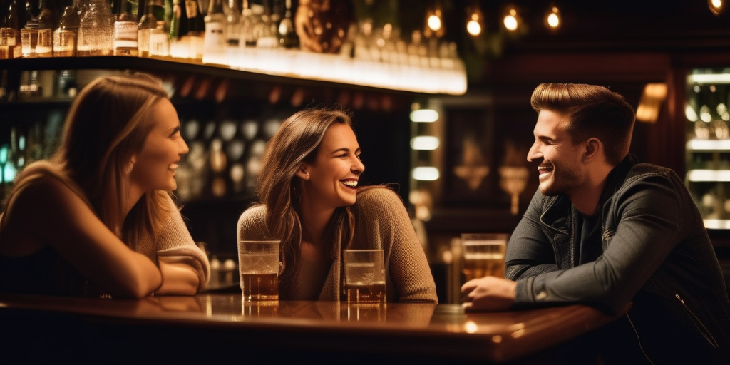 Eine Gruppe junger Menschen lacht und unterhält sich in einer Bar in Frankfurt am Main.