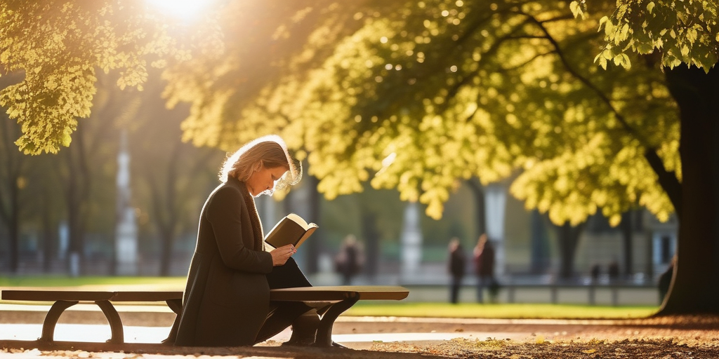 Eine Frau sitzt auf einer Parkbank in Frankfurt am Main und liest ein Buch.