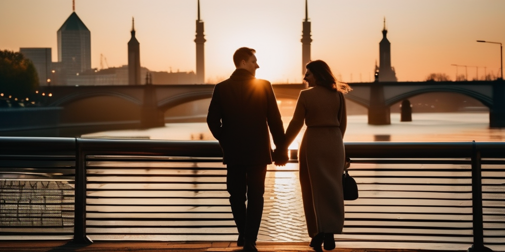 Paar beim Spaziergang am Mainufer in Frankfurt bei Sonnenuntergang