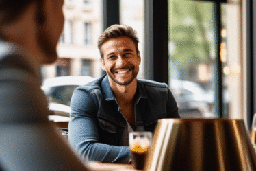 Ein Mann lächelt selbstbewusst, während er mit einer Frau in einem Café in Frankfurt spricht.
