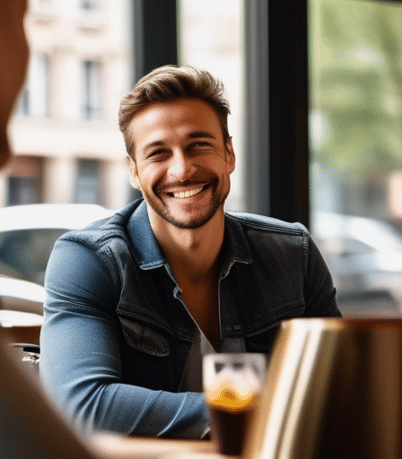 Ein Mann lächelt selbstbewusst, während er mit einer Frau in einem Café in Frankfurt spricht.