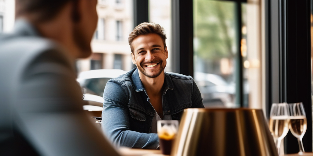 Ein Mann lächelt selbstbewusst, während er mit einer Frau in einem Café in Frankfurt spricht.