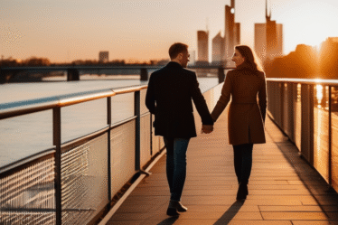 Ein Paar spaziert bei Sonnenuntergang an der Mainpromenade in Frankfurt.